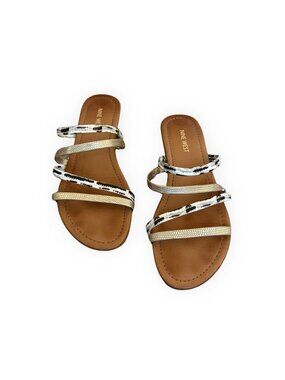 Nine West Snakeskin Gold Strappy Flat Slide Sandals Size 10